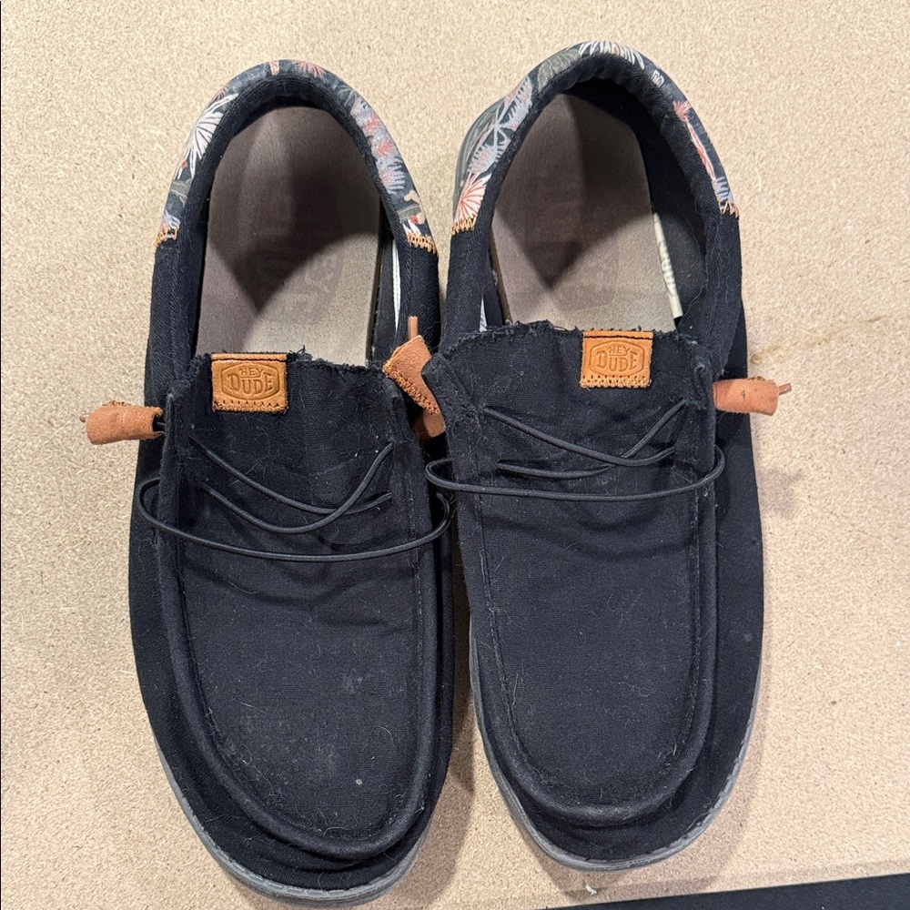 Hey Dude Black Canvas Loafers with Tan Accents